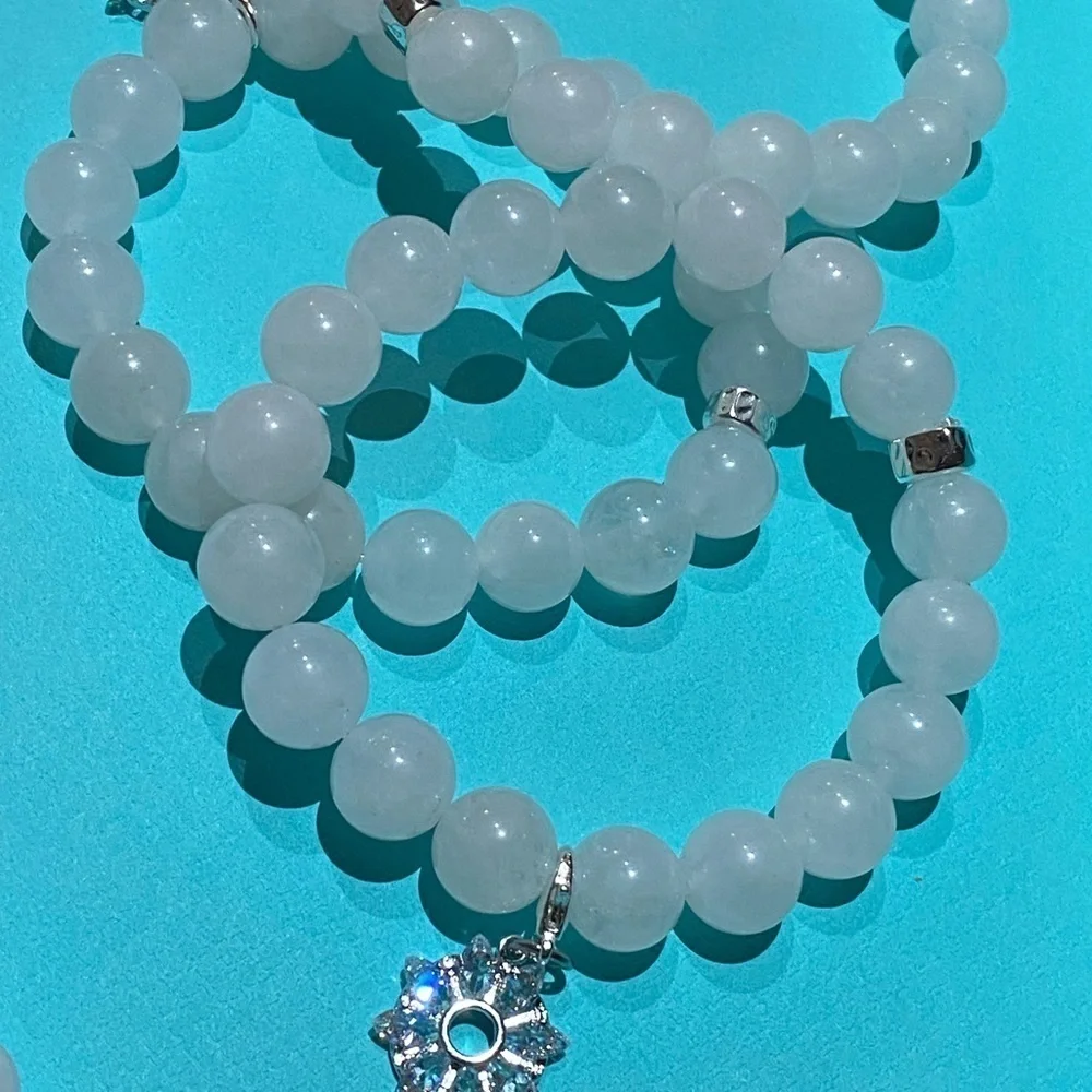 WHITE snow Quartz and removable sparkly snowflake charm bracelet